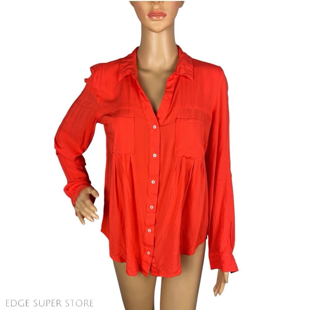Maeve Anthropologie Red Orange Lightweight Button Up Top Shirt Blouse Sz Medium